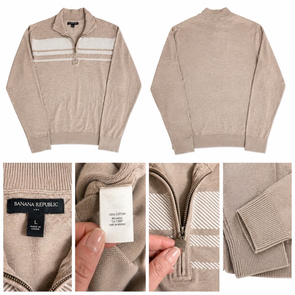 Banana Republic Mens 100% Cotton Quarter Zip Sweater Beige Size L